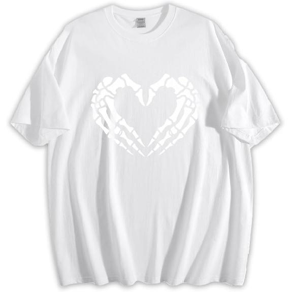 Unisex Loose Fit Crewneck Cotton T-Shirt, Skeleton Hands Forming Heart Shape Gothic Love Halloween Spooky Graphic Tee