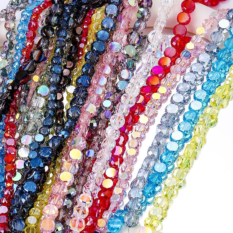 Flat Round Glass Beads Transparent Faceted Glass Spacers Colorful Coin Beads Crystal Loose Beads for Jewelry Making DIY Bracelet