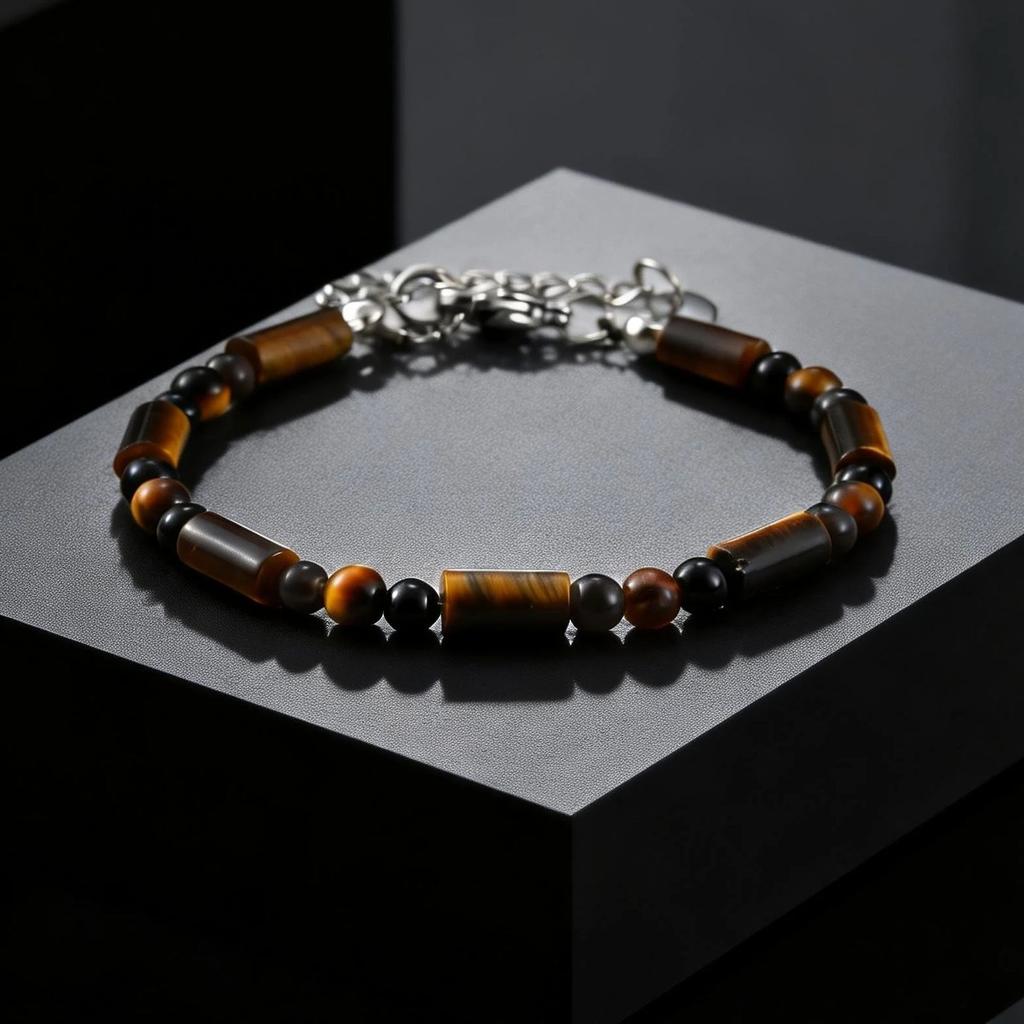 Fashion Classic Natural Stone Beaded Bracelet for Men, Adjustable Stainless Steel Chain Wristband, Agate Tiger Eye Jewelry Gift