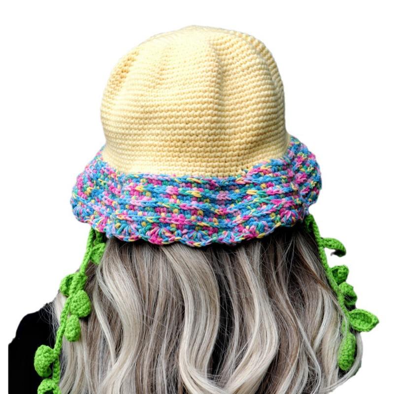 Korean Style Cute Wide Brim Bucket Hat Handmade Knit Cotton Sun Women Fall Winter