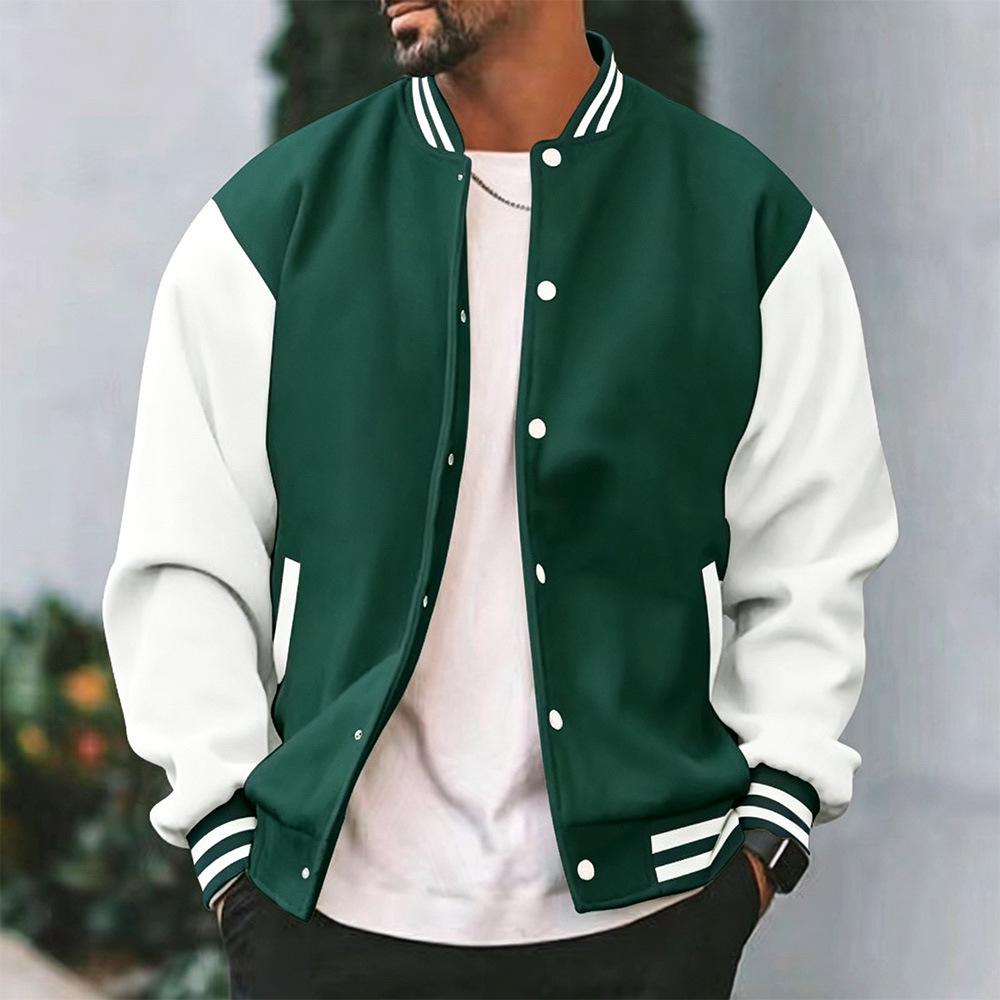 Klassische lockere Baseballjacke für Herren - Stehkragen, Knopfleiste, Fleece, Frühling/Herbst M dunkelgrüne