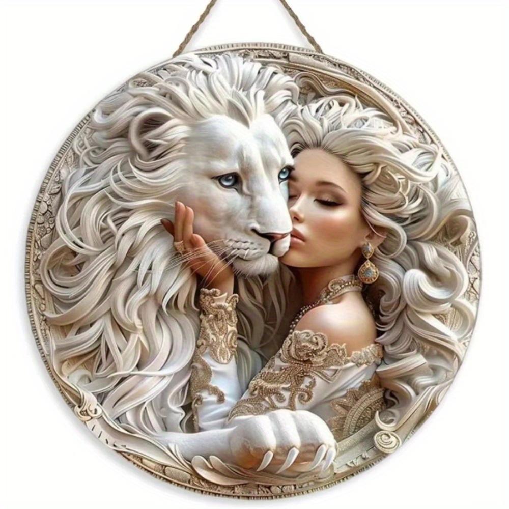 

1 шт. 2d плоский белый лев и женщина тематический знак, круглый деревянный знак - 20 см, подходит для дома, кафе, ресторана, украшения гостиной, праздничного подарка 20cm*20cm