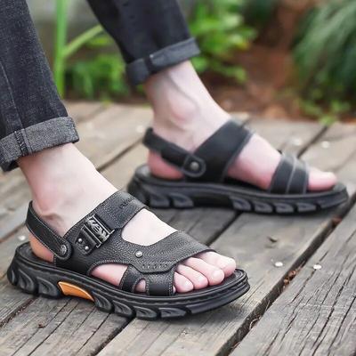 Sandales d'été en cuir véritable pour hommes, chaussures plates antidérapantes, douces et confortables, noires et brunes, pour les vacances, 2024