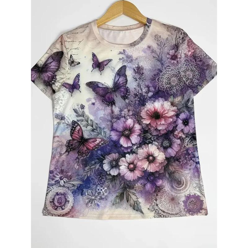 Women's Summer Round Neck Short Sleeved T-shirt with 3D Romantic Rose Print Casual Top Breathable Machine Washable Suitable for Outdoor Daily Wear