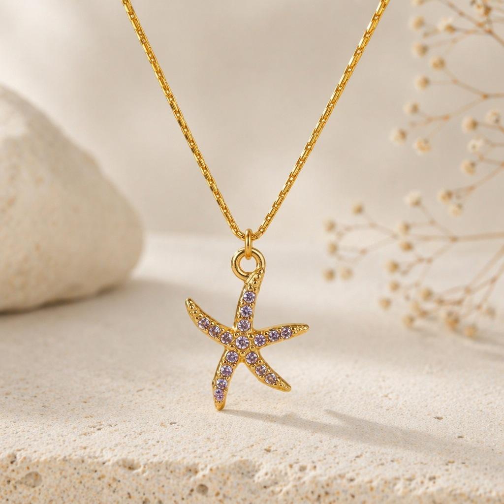 Women's 18K Gold Plated Stainless Steel Necklace with Zircon Inlaid Starfish - European and American Ocean Style