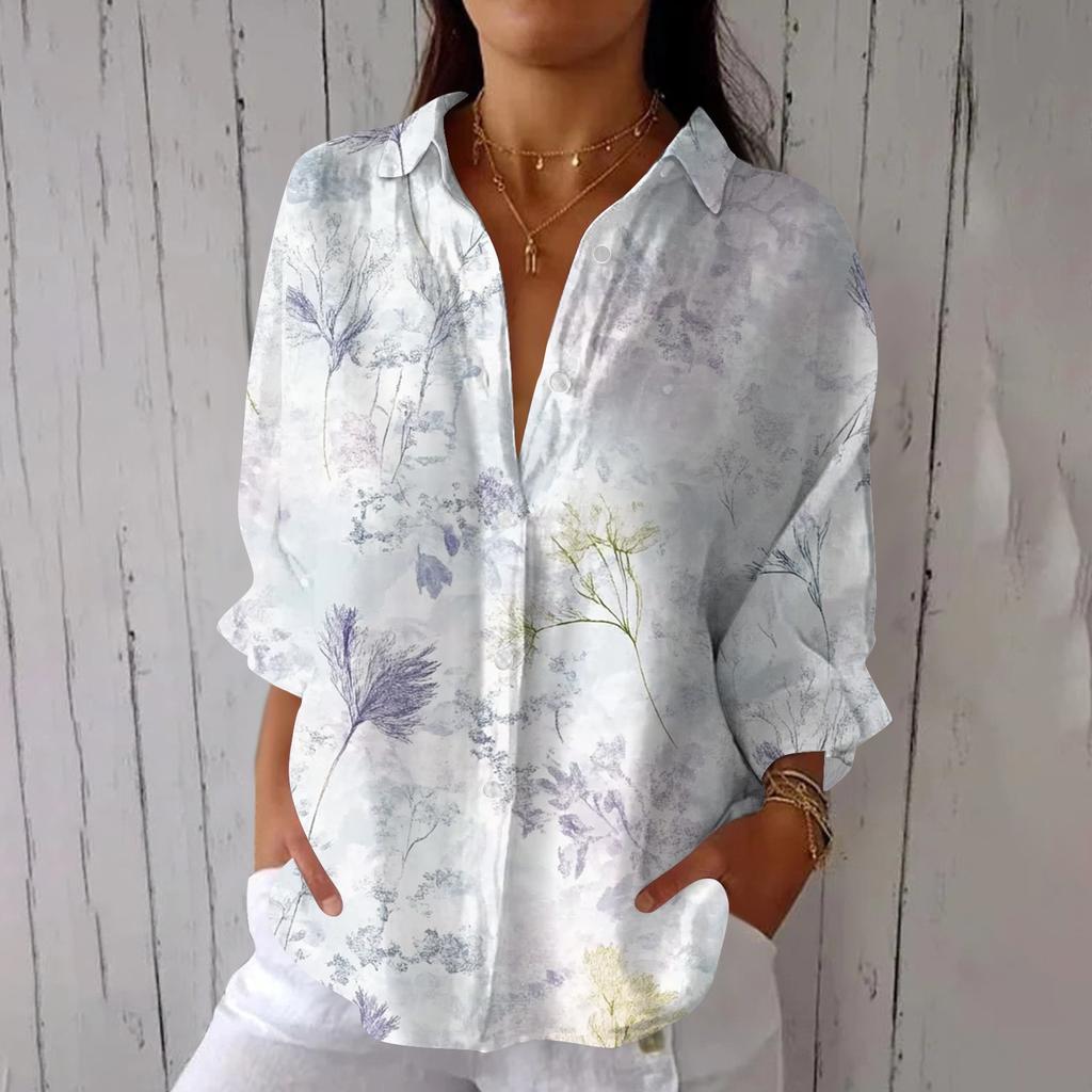 Mode Femme Chemise Décontractée à Revers à Sept Manches avec Lien au Dos T-shirt Imprimé Haut