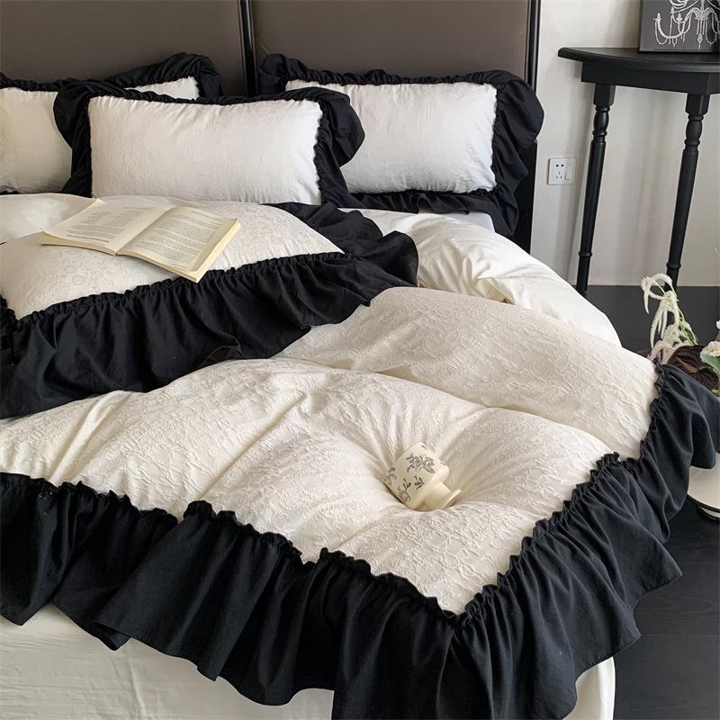 Jacquard Duvet Cover Set with Black Ruffles Brushed Bedding Set Single/Queen/King Size Solid Color parure de lit Luxury Bedding