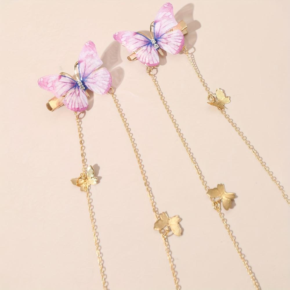 1Pair of Girls Retro Antique Gauze Butterfly Long Chain Grab Clip Hairpin Leisure Daily Travel Hairpin Headdress