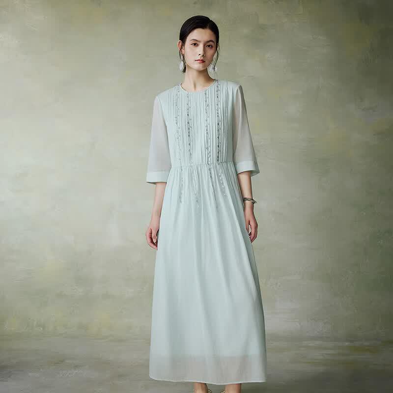 Life In Left Light Blue Pleated Lace Tassel Long Dress