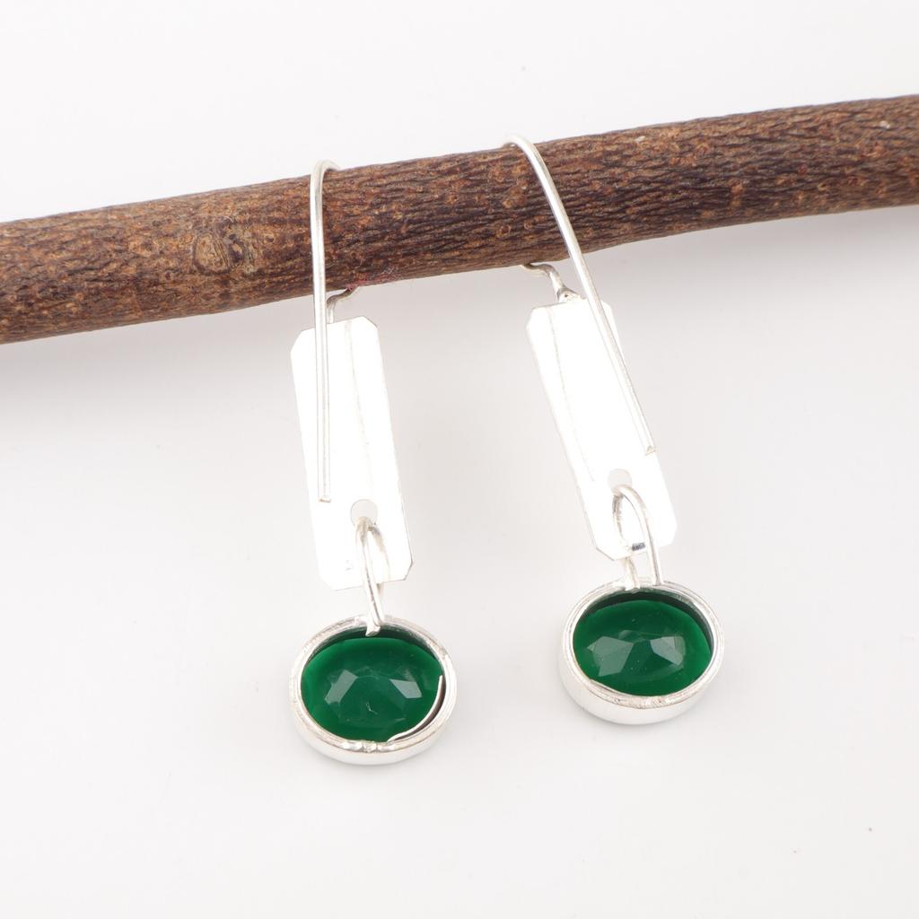 Green Onyx Gemstone 925 Solid Silver Jewelry Handmade Earrings 1.9" Gift For Her EE-168-18