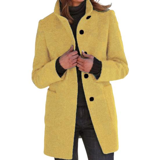 Women Winter Overcoat Single-breasted Retro Stand Collar Long Sleeves Buttons Cardigan Mid Length Spring Autumn Outdoor Woolen Coat