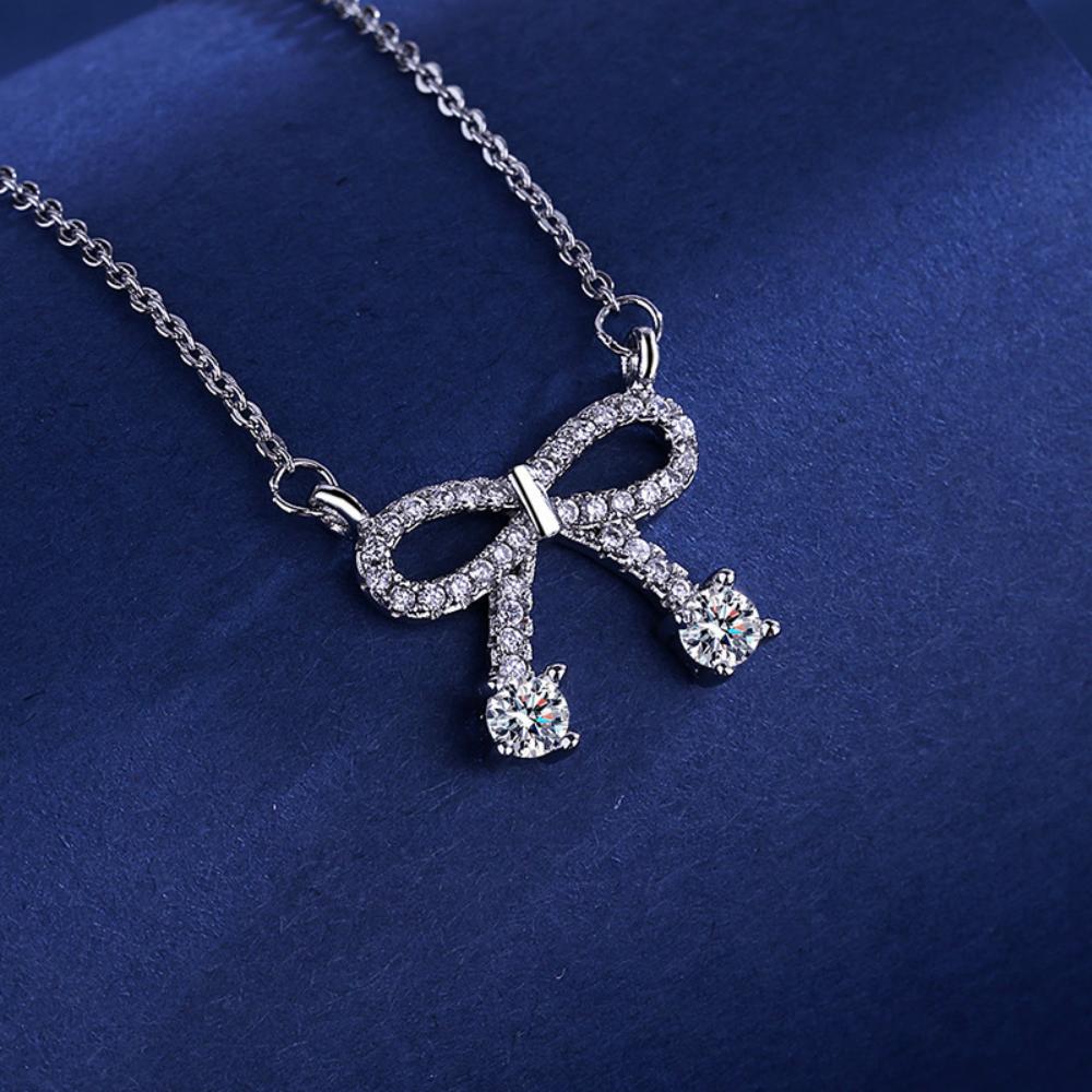 925 Silver Clavicle Necklace Shining Zircon Bowknot Pendant Women Jewelry Gift for Birthday Party