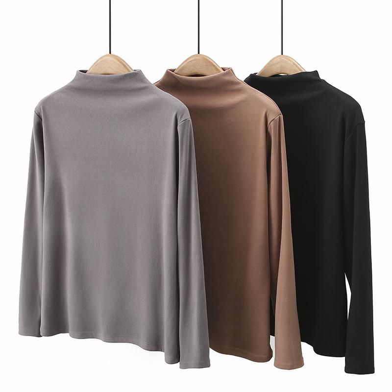 

Plus Size Women s Autumn/Winter Half-High Collar Base Layer Long Sleeve Shirt – Slimming, Solid Color L кофейный