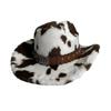 Wide Brim Cow Print Hat Leather Strap Western Cowboy Hat Retro Plush Cowboy Hat  Outdoor Travel