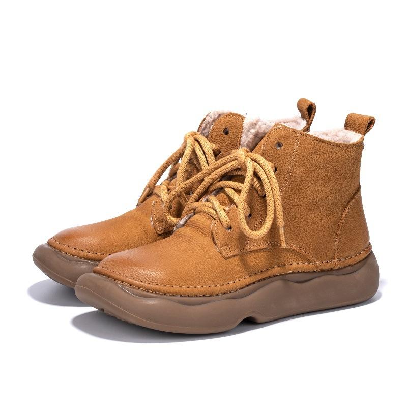 Retro kožené sametové kotníkové boty pro dámský podzim a zimu nové ručně vyráběné bavlněné a lněné větrné široká hlava šněrovací první vrstva hovězí kůže dámské boty