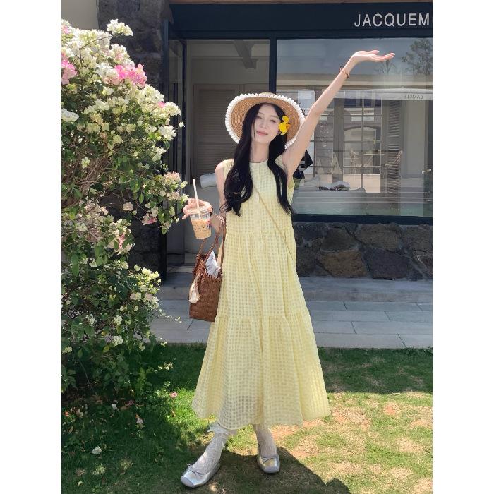 

Holiday style sub-yellow vest dress women s summer new loose and thin gentle girl long skirt S жёлтый