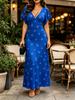 Women's Royal Blue Light Blue Polka Dot Print V-Neck Flutter Sleeve Maxi Dress, High Waist Slim Fit Elegant A-line Workwear for Spring Summer