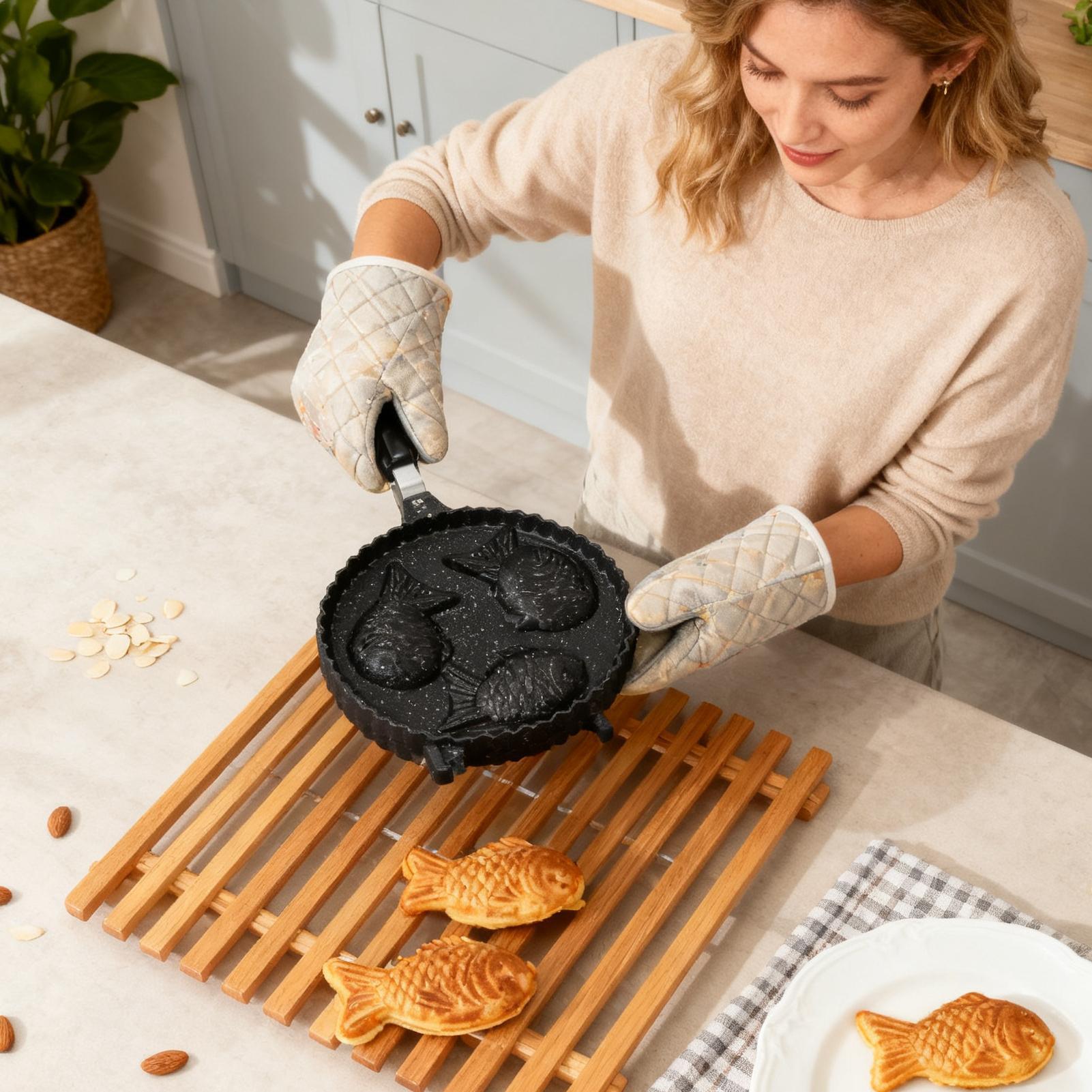 Форма для тайяки с антипригарным покрытием из алюминия с длинной ручкой, форма для выпечки рыбок тайяки для кейтерингового фургона, домашних посиделок, для начинающих China Mainland