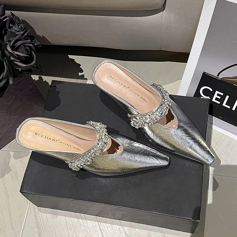 Scarpe con tacco a spillo centrale a catena di strass da donna, tacco sottile, sandali a metà infilare di temperamento, tacco alto