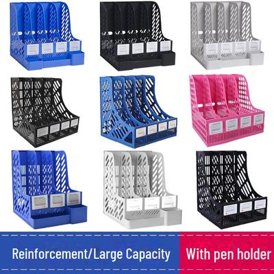 Vertical Desktop File Storage Rack with Pen Holder, Large Capacity, 4-Section Organizer