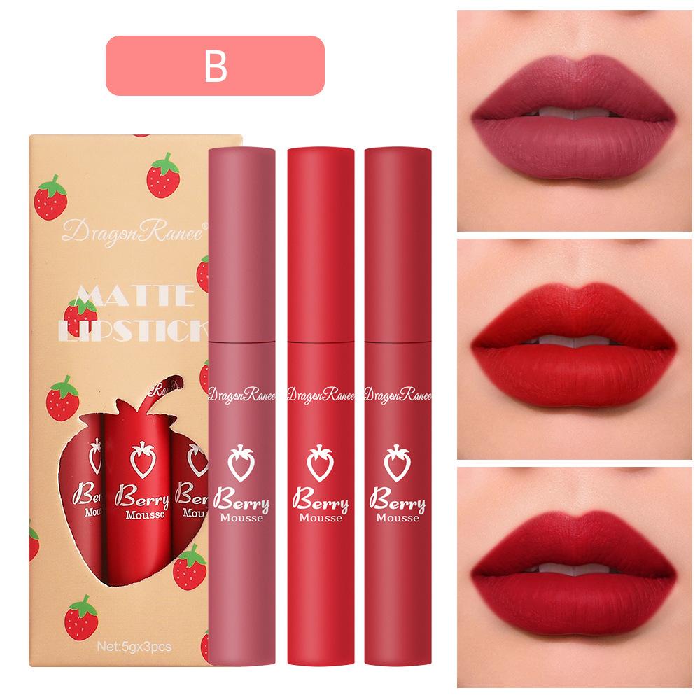 3 Strawberry Suit Velvet Matte Lip Gloss Lipstick Lip Gloss Female Non-stick Cup Cute Suit