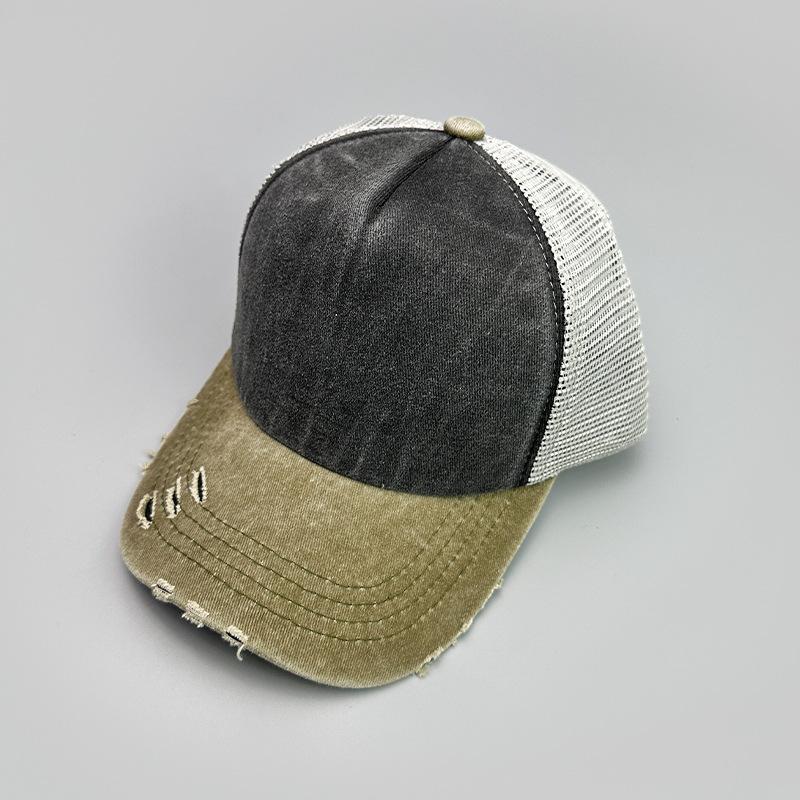 Contrasting Color Washed Mesh Baseball Cap Men'S And Women'S Sunshade Retro Breathable Hole Wind Truck Hat