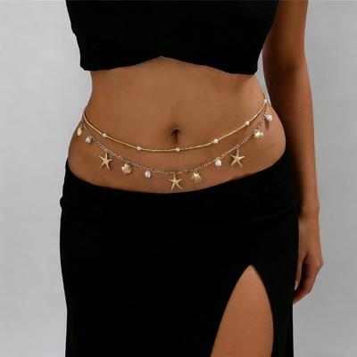 2 Stück/Set Muschel Seestern Taillenkette Imitation Perle Bauchketten Mode Perlen Körperkette Sommer