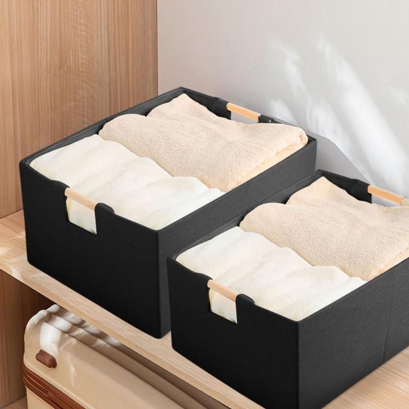 Sturdy Fabric Storage Bin With Reinforced Bottom Wooden Handles for Bedroom Office