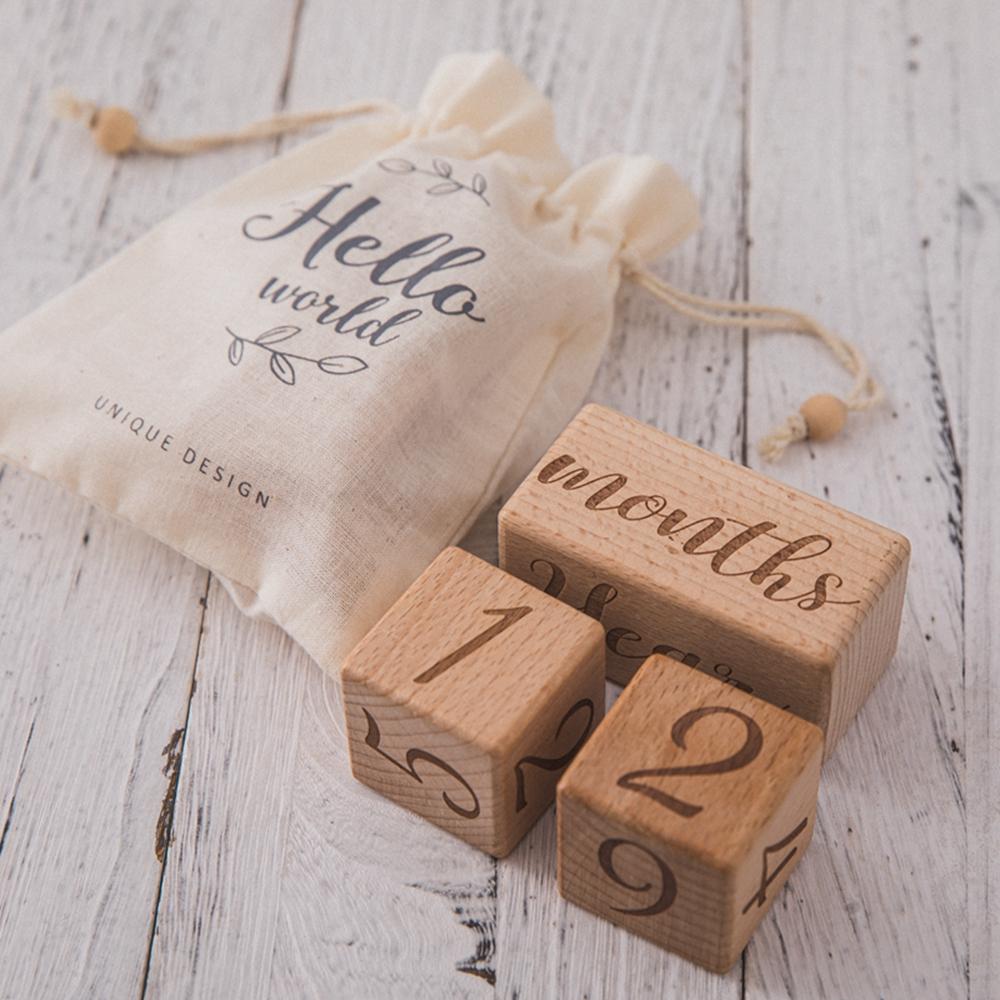 Set de 3 cartes de jalons mensuels pour bébé en bois brut Bloc de hêtre Carré Gravé Jalons d'anniversaire mensuels pour nouveau-né Bloc Accessoires de photographie