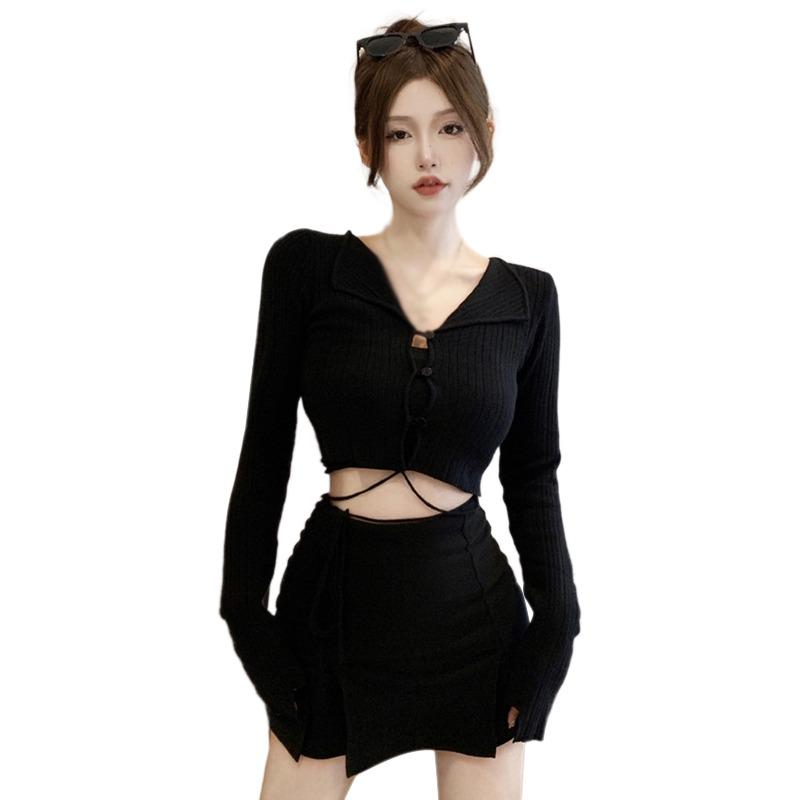 Women's Sweater Outer Coat Long Sleeve Bandage Hollow Single Breasted