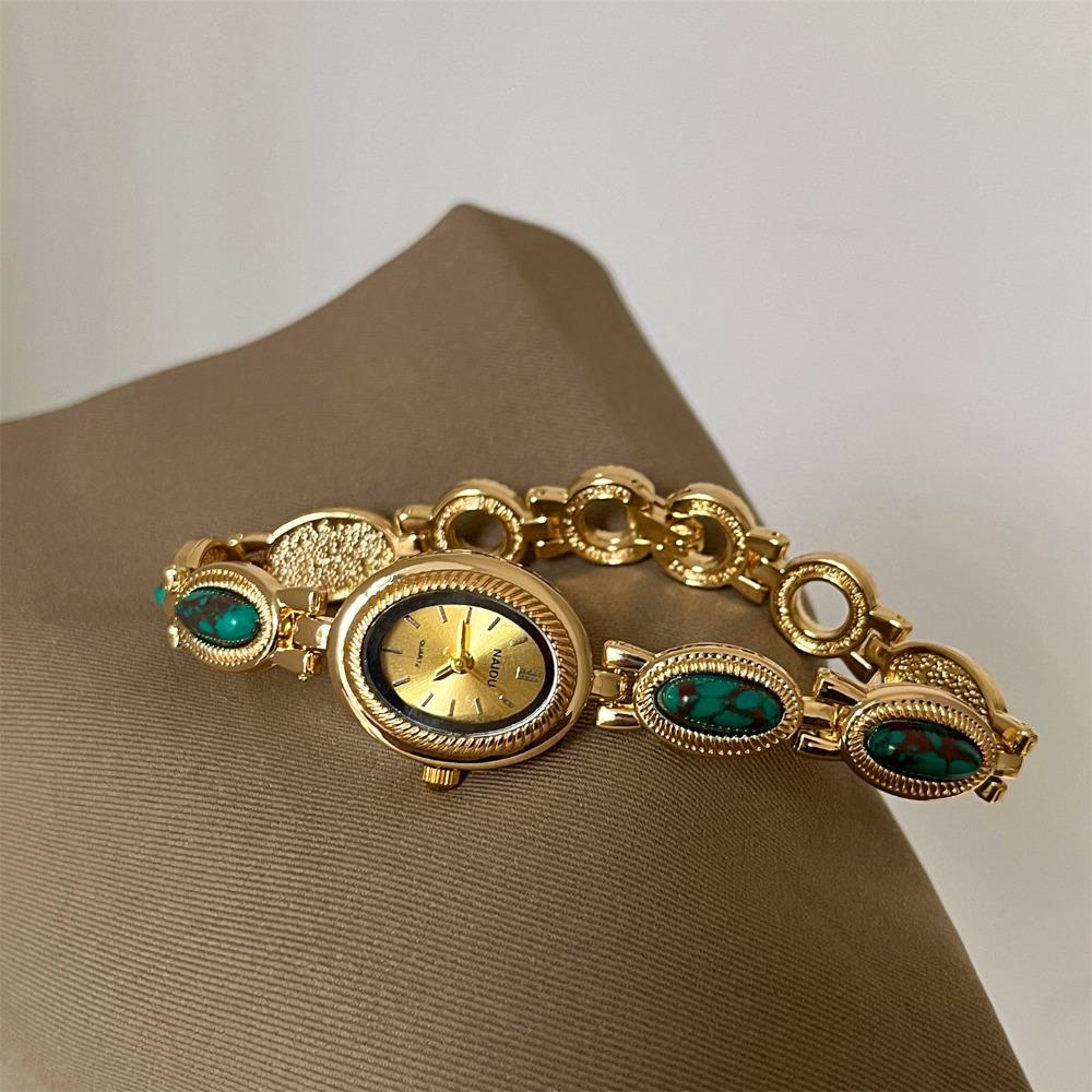 Oval Wristwatch Colored Gemstones Quartz Watch Vintage Ladies Watch