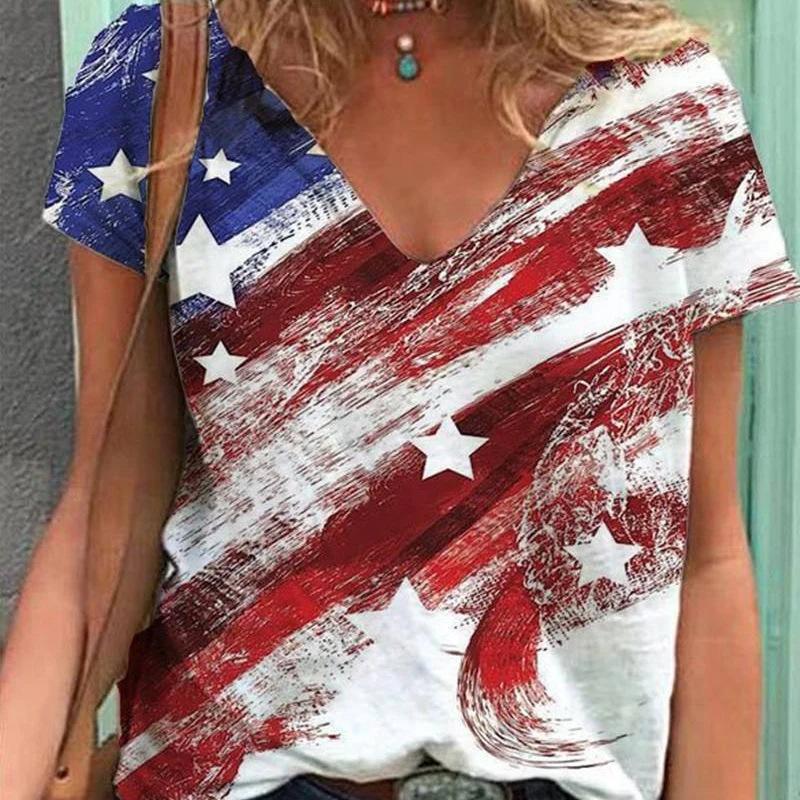 Summer V-neck 3D American Flag Printed Top Fashionable Casual Short Sleeved Women's T-shirts