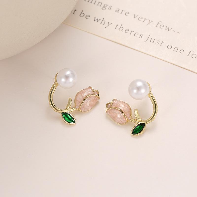 925 Silver Tulip Oil Drop Two-Way Pearl Earrings - Korean Sweet Flower Design for Women