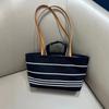 Medieval striped casual tote bag commuter bag versatile canvas bag contrasting color PU simple large-capacity denim bag tide