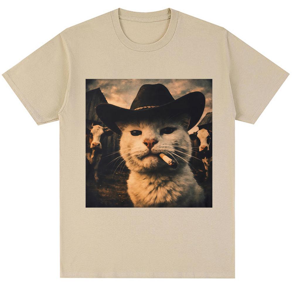 Funny Cowboy Cat Meme Graphic T Shirts Unisex Fashion Kawaii Vintage Tshirt Oversized Casual High Quality Tshirts
