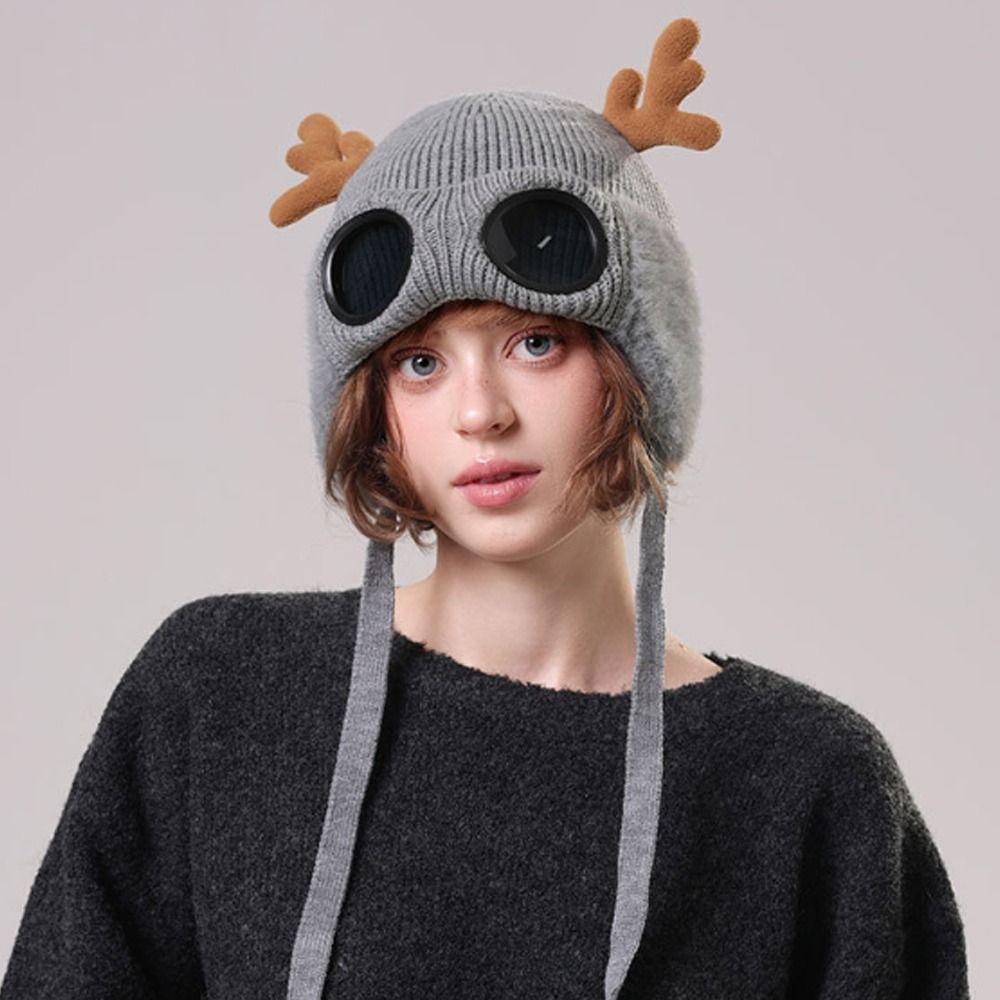 Solid Color Reindeer Antler Hat Warm Plush Ear Flaps Backpack Accessories