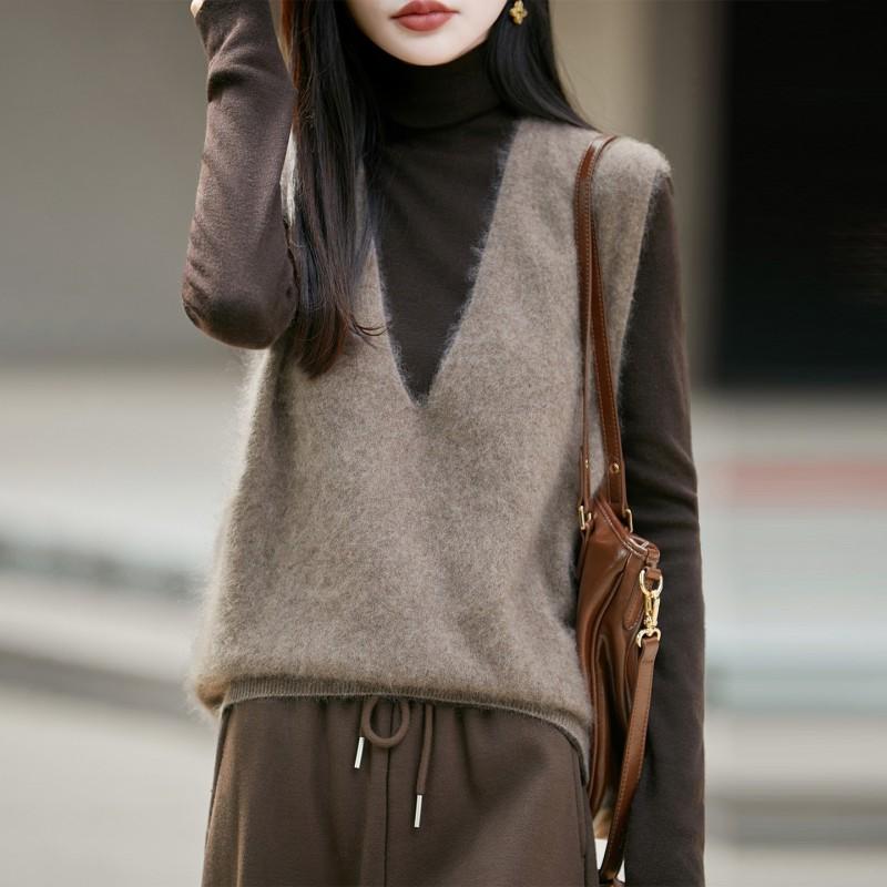 2026 Fall Womens V-Neck Knit Vest Silk Cashmere Wool Blend Sleeveless Top Solid Color Loose Fit