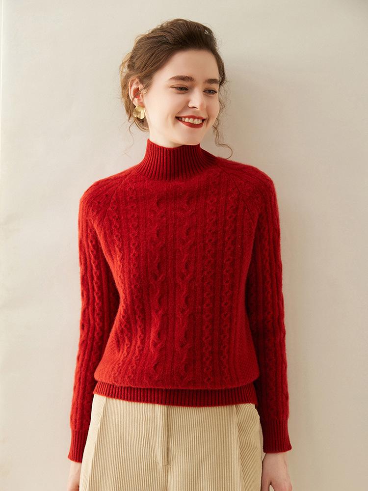 Women's Cashmere Cable Knit Sweater, Half-High Neck, Thick, Slimming, Loose Fit, Warm Base Layer for Autumn and Winter.