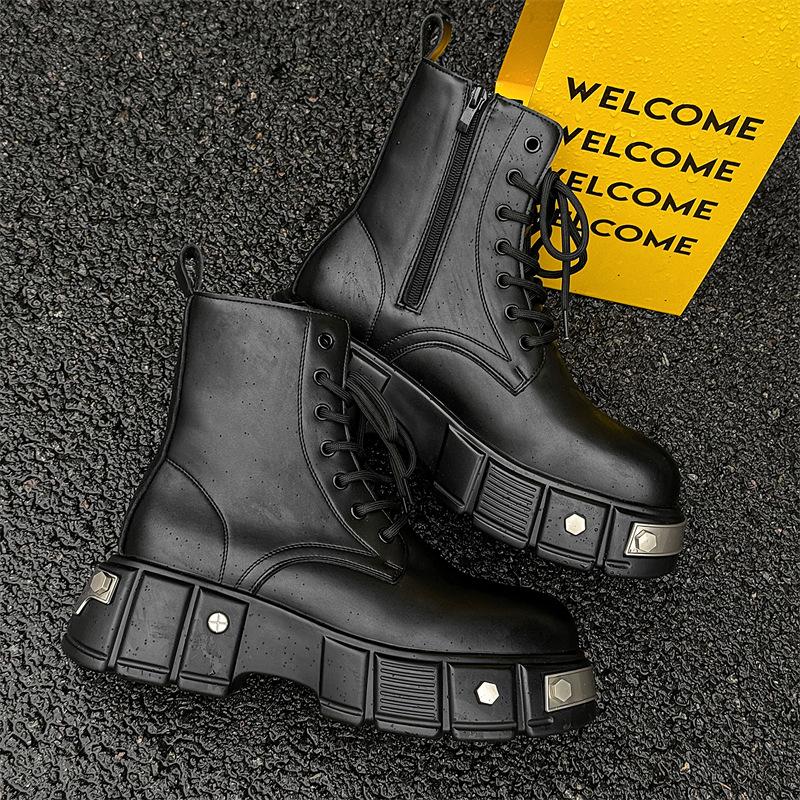 Men's Boots British Style Niche Heightening Locomotive Couple High-top Tooling Genuine Leather Shoes