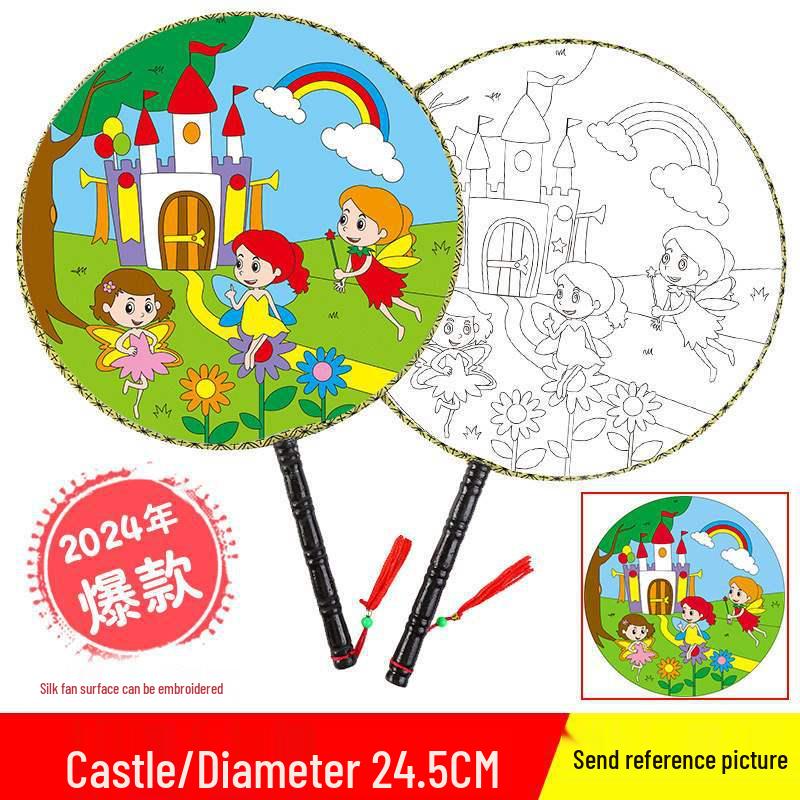 DIY Children's Silk Cloth Round Fan with Bamboo Handle - Palace Style Hand-Painted Kindergarten Craft