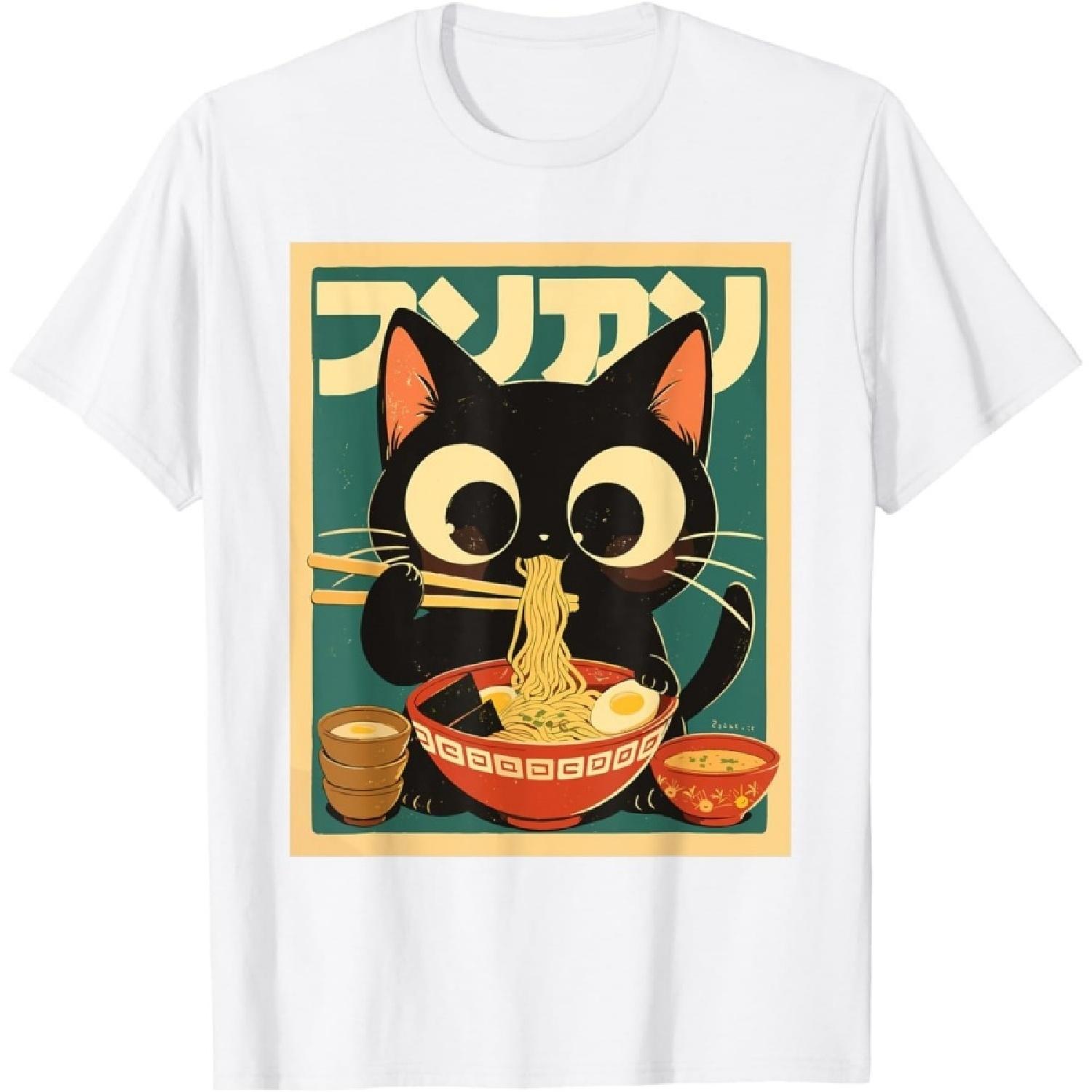 

SHANGCHEN Cat Ramen Japanese Funny Japanese Kawaii Anime T-Shirt XXXXXL білий