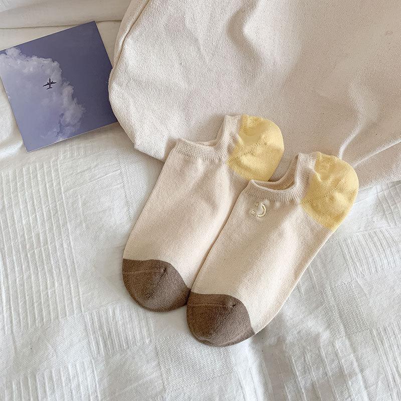 2024 Socks Candy-Colored Smiley Face Embroidered Combed Cotton Invisible Socks Ingots Shallow Low-Top Boat Socks