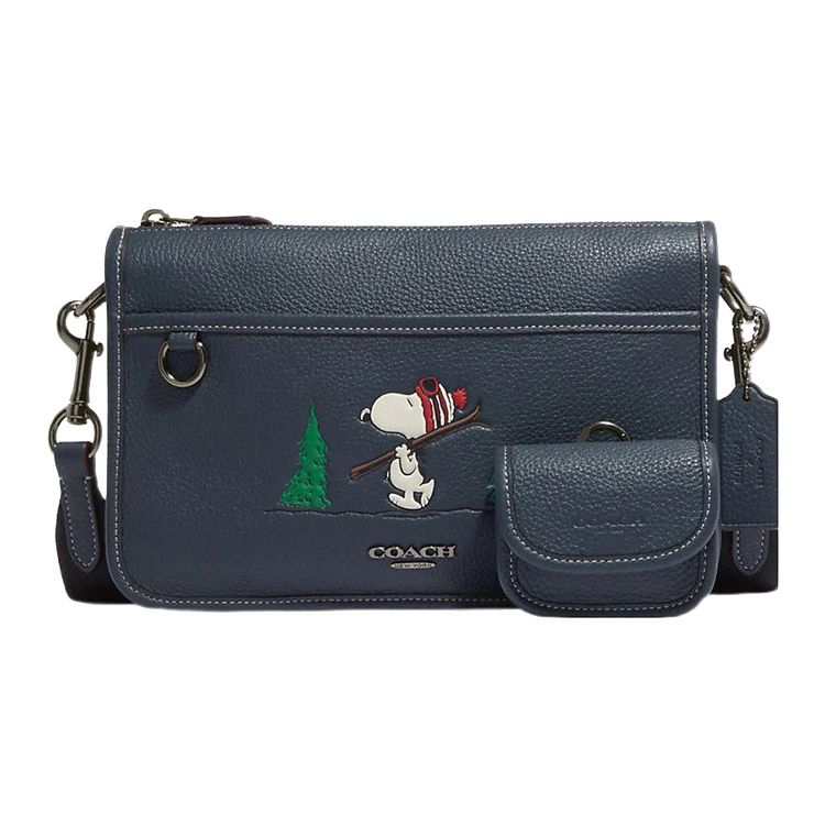 Coach X Peanuts Snoopy Heritage 25 Zipper Closure Snoopy Pattern Print Pebble Leather Shoulder Crossbody Bag Medium Women bags Dark-Blue CE710-QBDEI