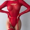 European and American Mesh Color Block Outerwear & Long Sleeve Camisole Bodysuit Lingerie Set for Women
