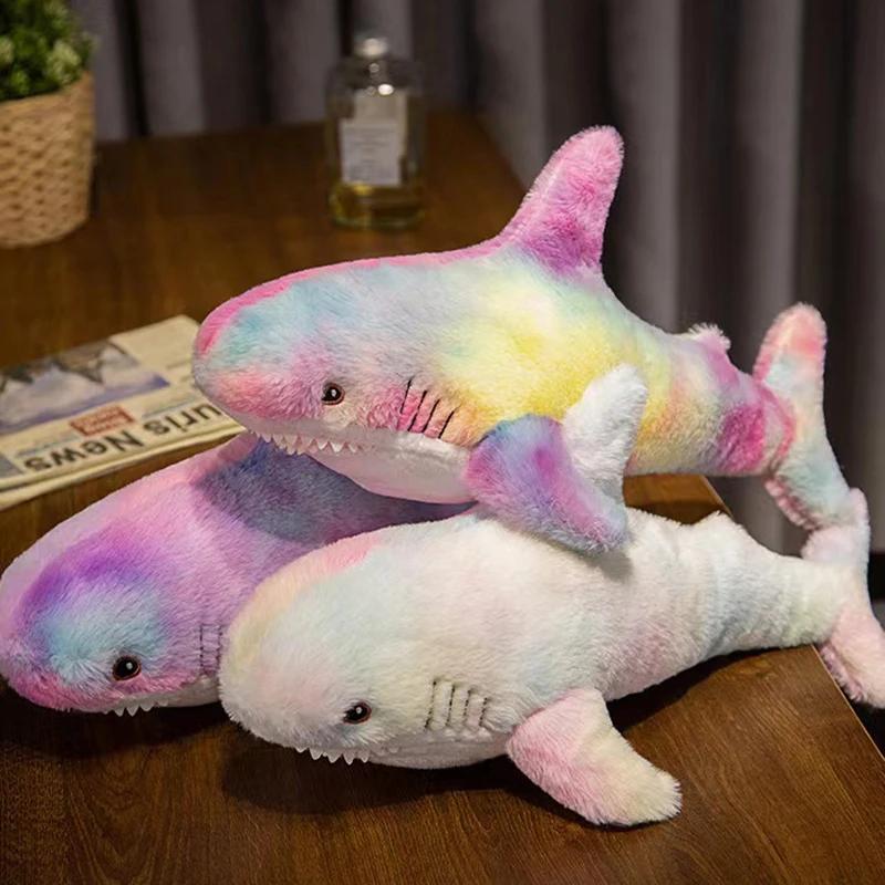 45/60cm Colorful Rainbow Shark Doll Plush Toy Fuzzy Long Plush Underwater Animal Plushie Sleeping Companion Birthday Gift Kids