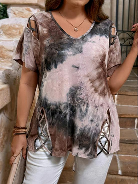 

Plus Size Heart Print Lace-Up Short Sleeve Loose Top with Hollow Out Design - Multi-Color Casual Women s Fashion T-Shirt XL квітковий