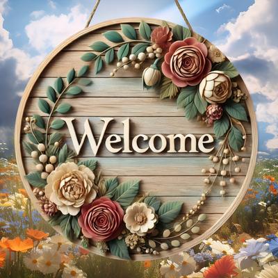 1pc,8-inch Round Retro Wooden Wreath Welcome Sign, Can Be Directly Hung with Rope, Suitable for Home Decoration Bedroom Pendant