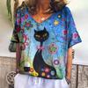 Retro T-shirt Women's V-neck Cartoon Cat Summer Casual Fashion Short Sleeve Tops Harajuku Wind T-shirt OverSize Women's Clothing