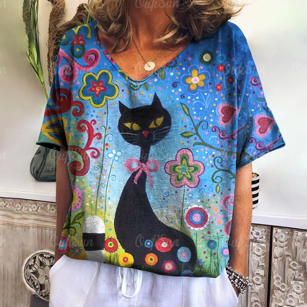 Retro T-shirt Women's V-neck Cartoon Cat Summer Casual Fashion Short Sleeve Tops Harajuku Wind T-shirt OverSize Women's Clothing