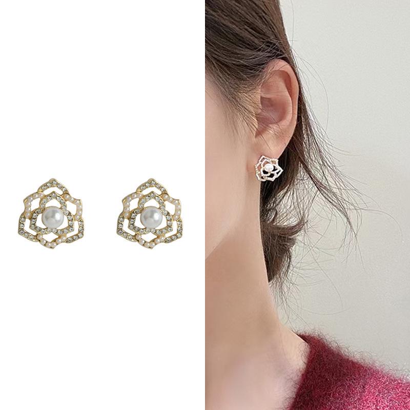 Camellia Flower Pearl Rhinestone Stud Earrings with 925 Silver Needle